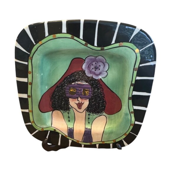 Hand-Painted Ceramic Square Plate With Whimsical Woman Design By Character Colle - Picture 4 of 6